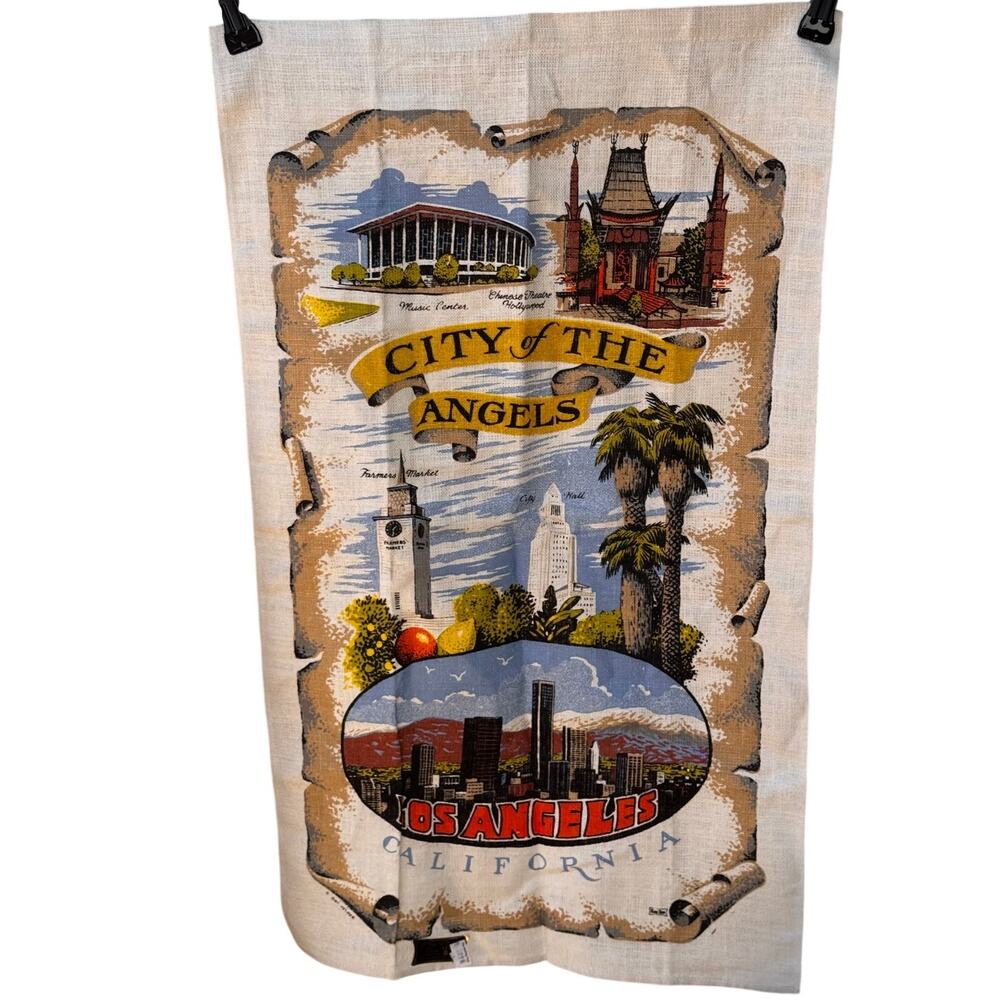 Vintage Los Angeles "City of Angels"Linen Tea Towel - Unused! Cottagecore